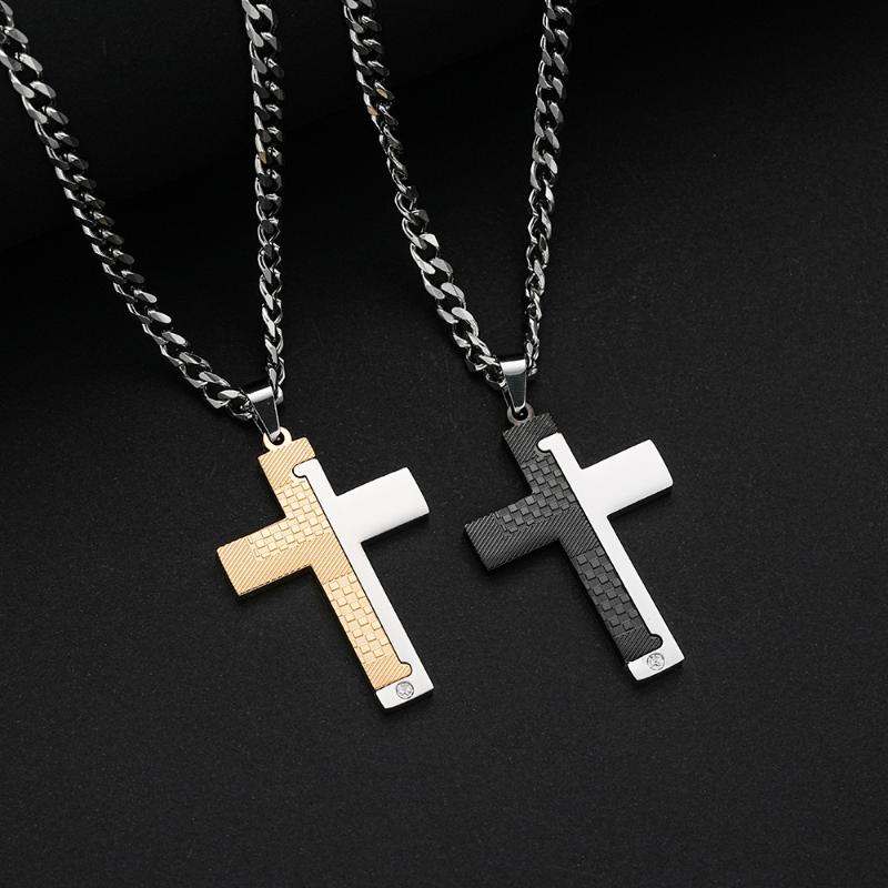 1Pcs Gothic Style Titanium Steel Cross Pendant Necklace, Motorcycle Punk Black Silver Crystal Jewelry For Men N6337