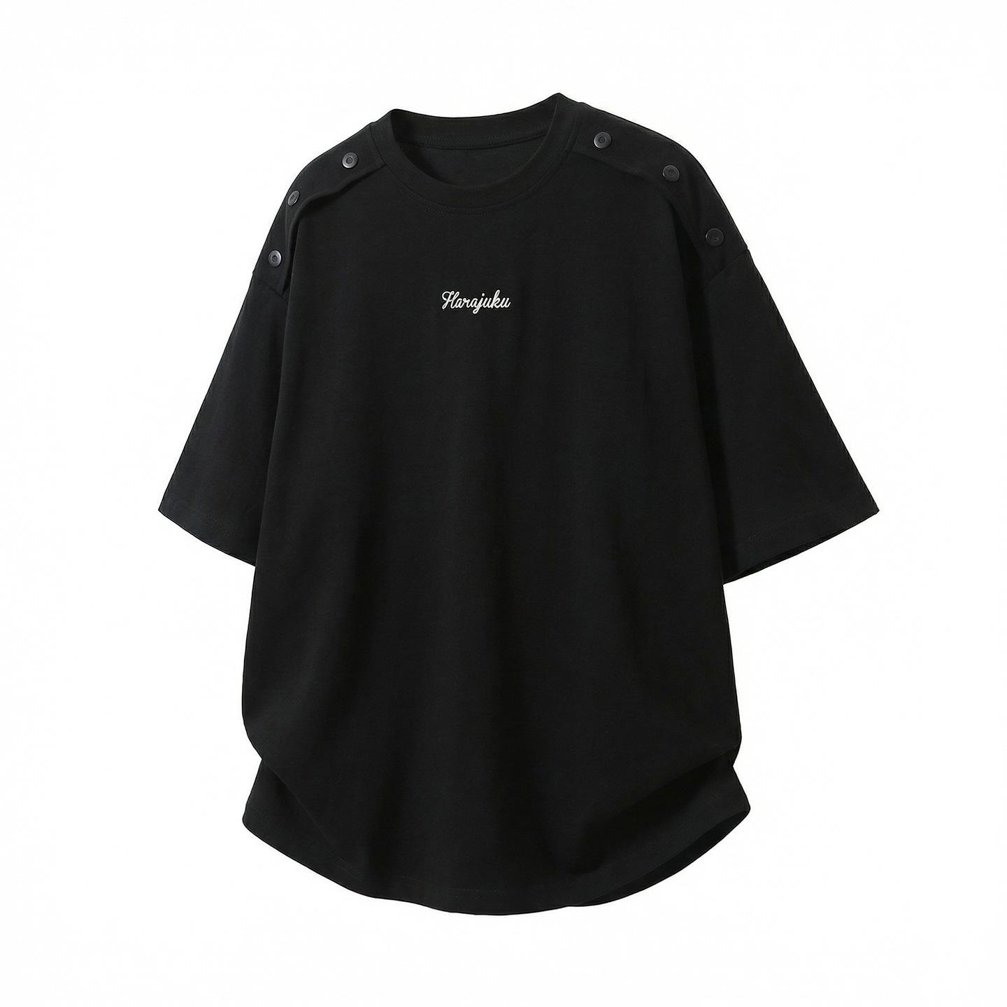 

New casual short-sleeve men s summer T-shirt with detachable shoulder buttons, simple embroidery, and loose fit M чёрный