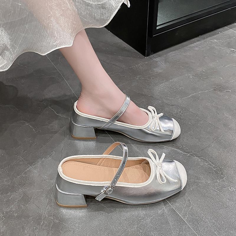 Women's Slippers Summer New Fashion High Heels Round Head Bow Bow Buckle Sandals Casual Coarse Heels Slippers Zapatos Mujer