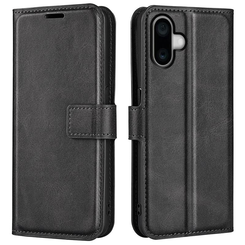 

For iPhone 16 Case Calf Texture PU Leather Folio Flip Phone Wallet Cover Black