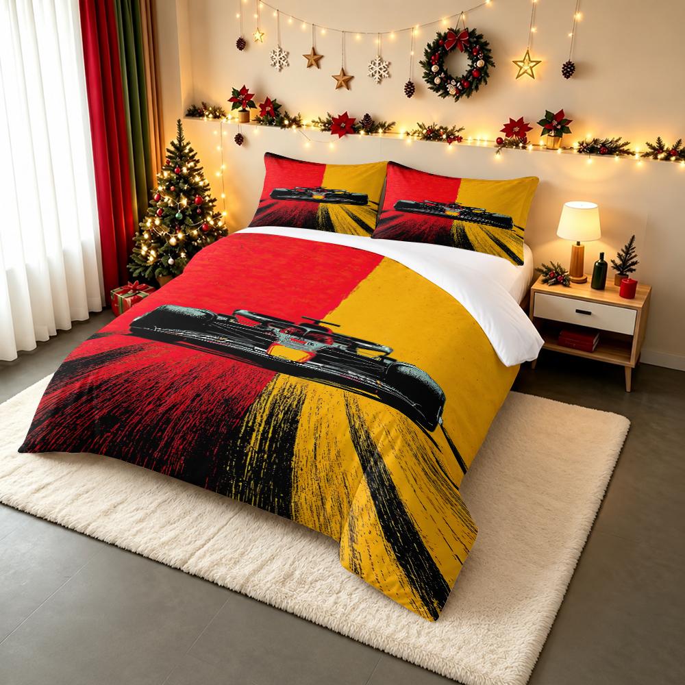 F1 Race Car Front Pop Art Bedding set (1 duvet cover, 2 pillowcases, duvet not included), Split Red Yellow Speed Poster Print