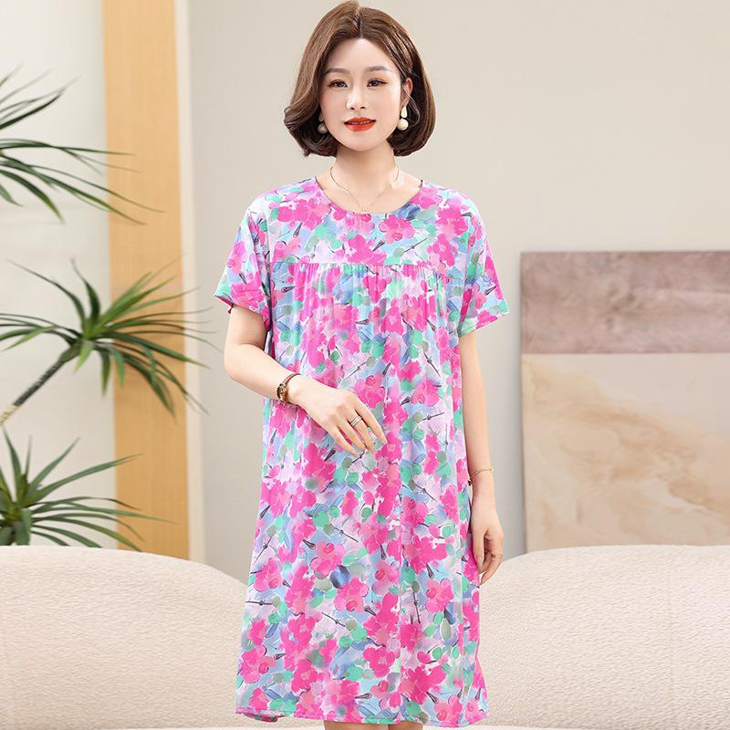Floral Print Cotton Silk Knee-Length Dress for Middle-Aged Women – Lightweight, Short-Sleeved, Loose-Fit, Plus Size