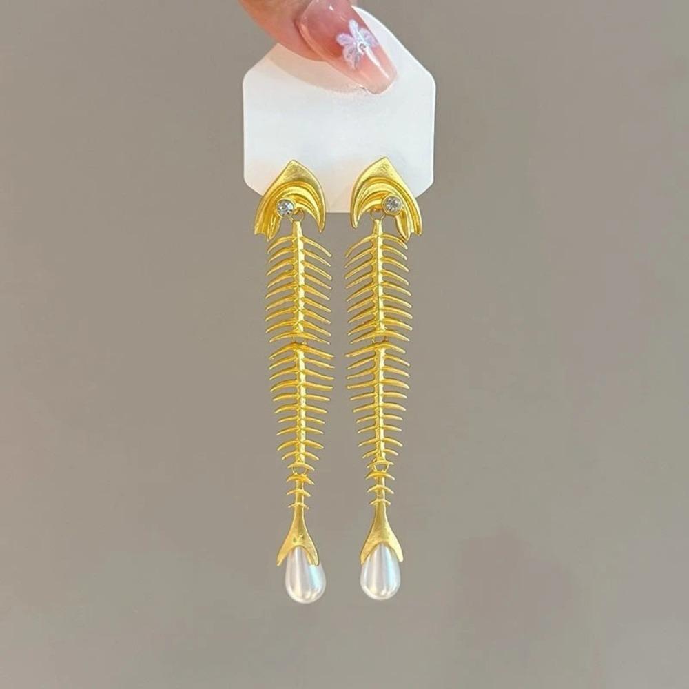 Personalized Fish Bone Imitation Pearl Dangle Earring for Women Vintage Gothic Tassel Ear Pendant Elegant Jewelry Gifts 2026