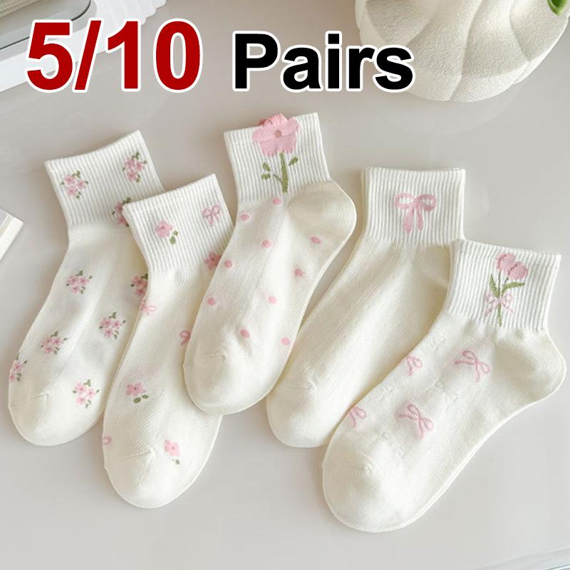 

5/10 Pairs Women Bow Print Mid Tube Socks Spring Summer Sweat Absorbing Breathable Sweet Styles Flower Pattern Casual Socks One Size