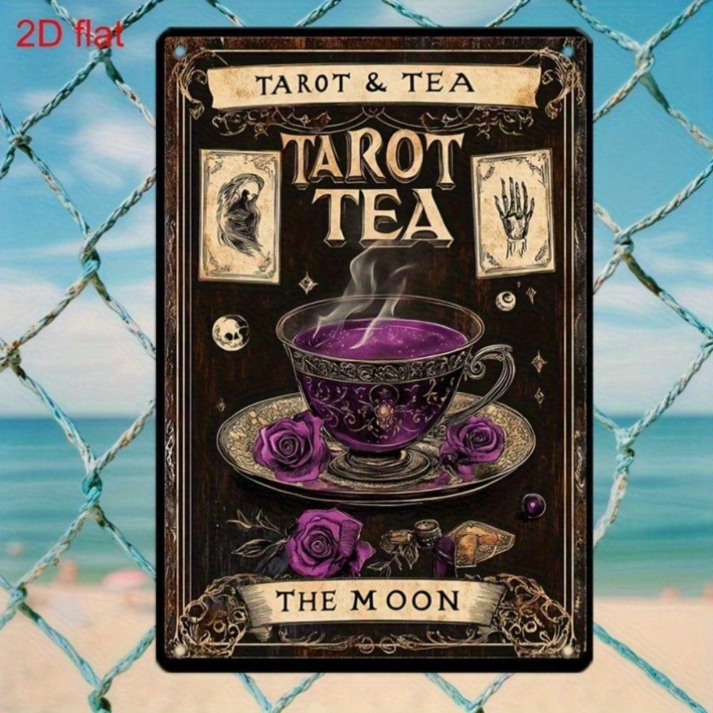 1pc Vintage Tarot & Tea Metal Tin Sign, 2D Flat Mystical Wall Art, Pre-Drilled Holes, 7.9x11.8in Indoor/Outdoor Decor