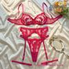 Three-Piece Lace Embroidered Mesh Lingerie Set