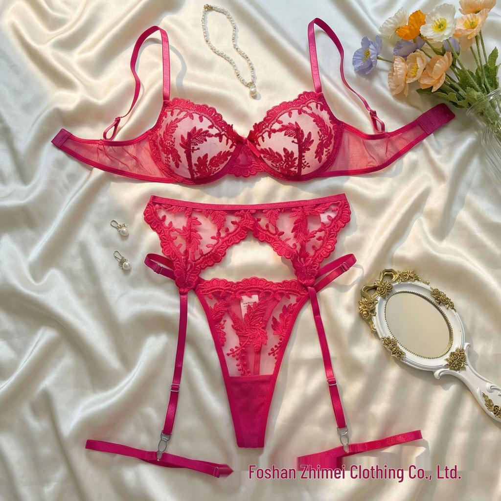 Three-Piece Lace Embroidered Mesh Lingerie Set