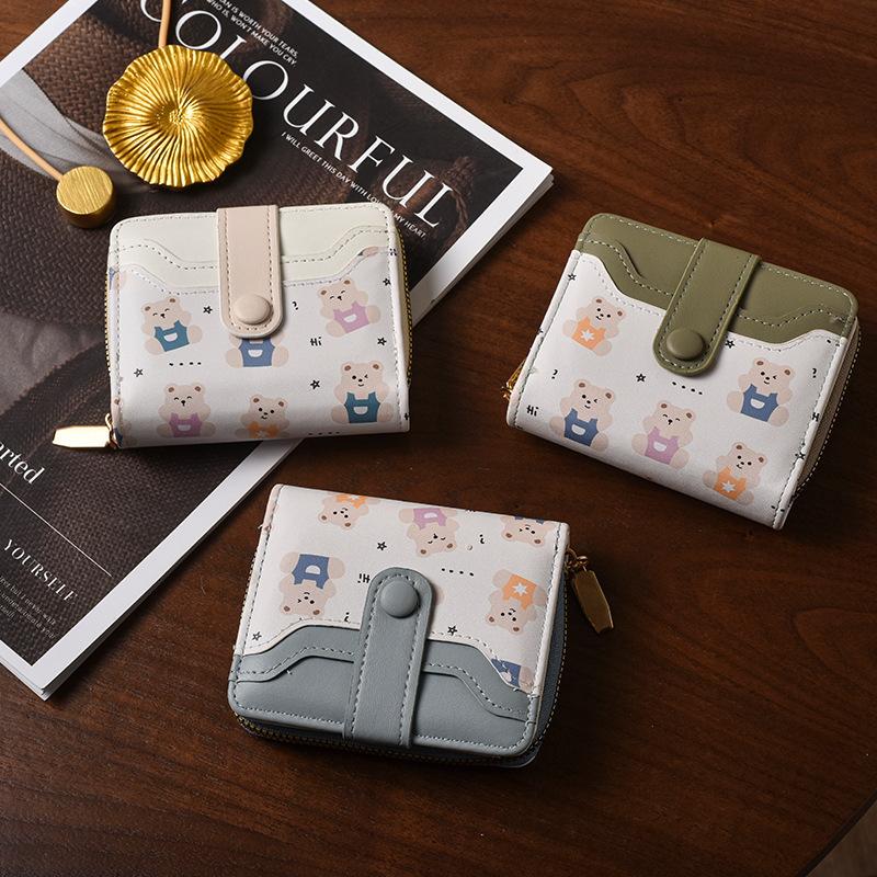 Cute Bear Print Women Wallet Short Zipper Coin Purse PU Leather Bifold Wallet Card Holder Small Clutch Wallet for Girls