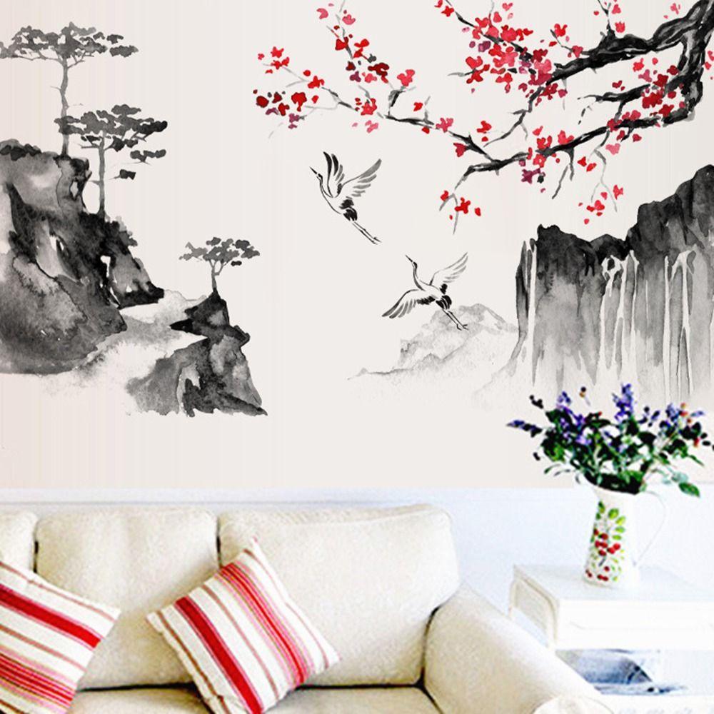 Chinese Style Ink Painting Wall Sticker Big Size Removable Landscape Painting Sticker Multicolor PVC Wallpaper