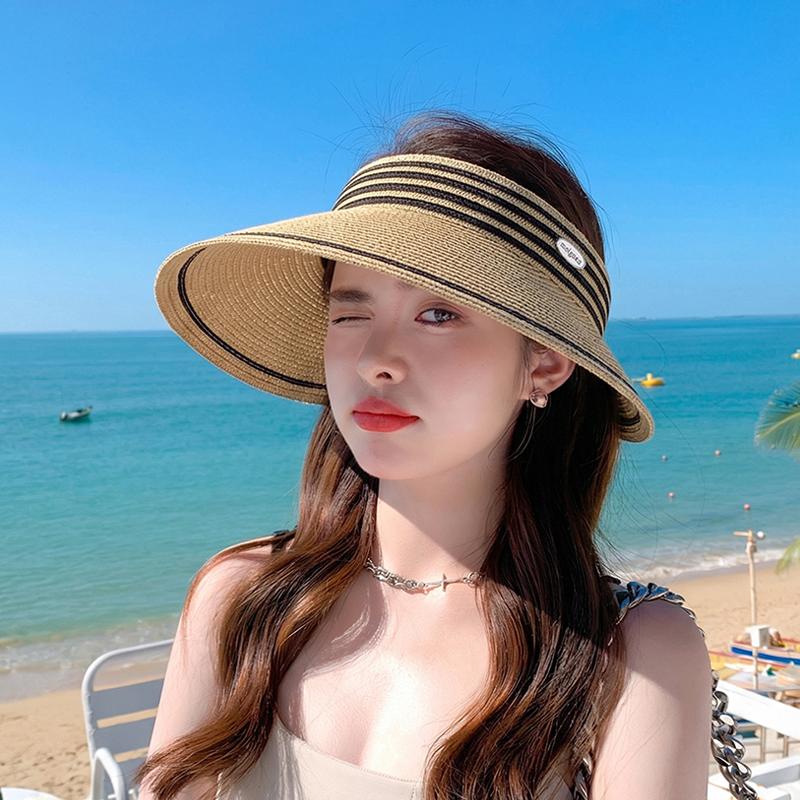 Summer Outdoor Travel Sun Hat for Women, Korean Version Grass Woven Hollow Top Hat, Headband, Large Eave Sun Protection Sun Hat