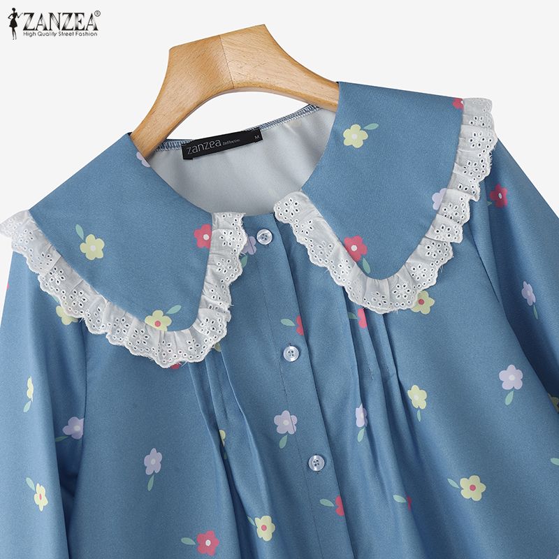 ZANZEA Women Casual Doll Collar Loose Long Sleeve Floral Blouse