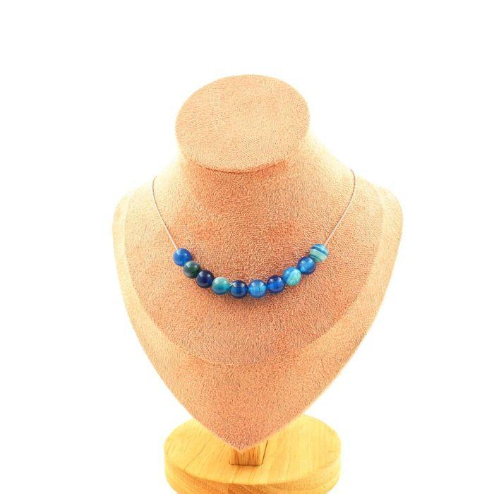 Stones and Minerals. Necklace 10 Beads Blue Banded Agate 8 Mm Stainless Steel Chain.