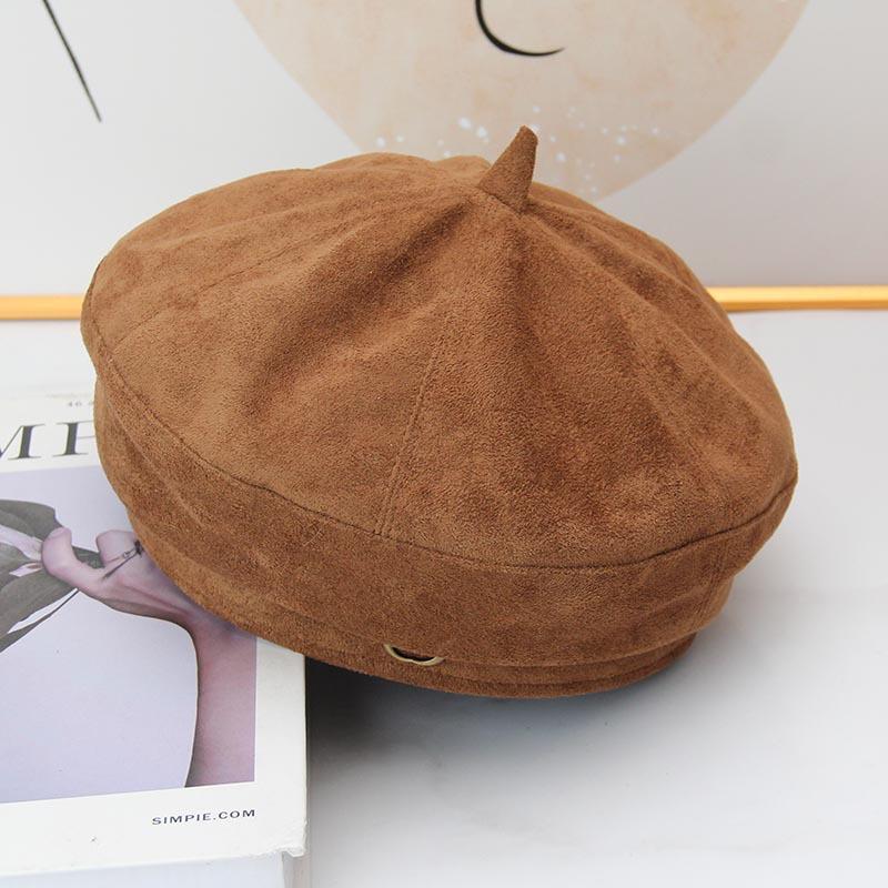 Suede Beret Women's Autumn and Winter British Retro Pumpkin Hat Metal Label Octagonal Hat Show Face Small Painter Newsboy Hat