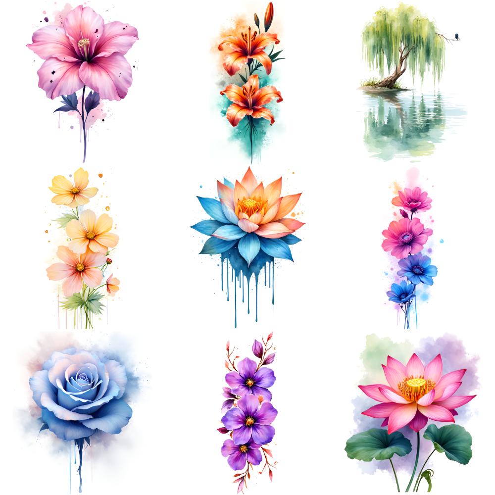 9 stuks Tijdelijke Tatoeages Waterdicht Langdurig Body Stickers Roze Bloemen Oranje Bloemen Rode Rozen Voor Meisjes Dames Schouders