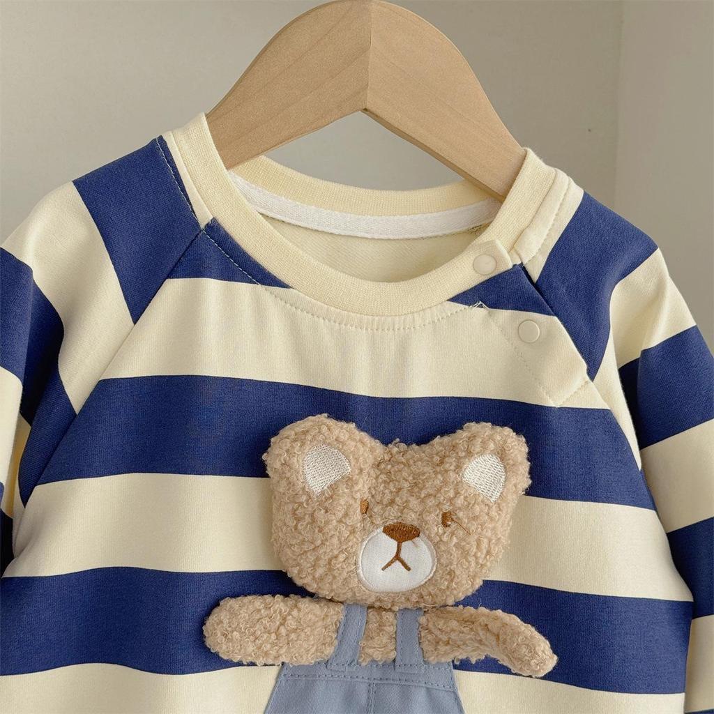 Levinjia Baby Strampler mit Streifen und kleinem Bären - Langarm-Body für Jungen und Mädchen für Frühling/Herbst