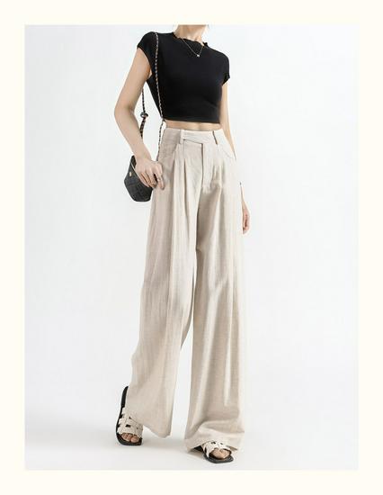 Women's High-Waisted Wide-Leg Linen Pants - Summer 2026 Collection, Loose Fit, Tencel Cotton Blend, Floor-Length