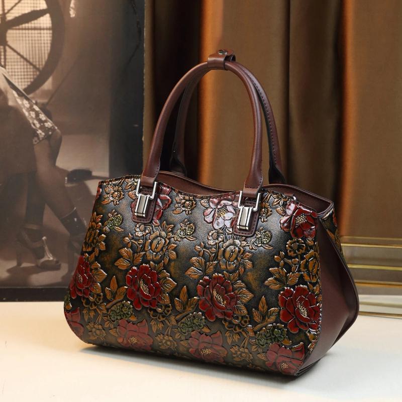 European and American Retro Flower Pattern Mature Women's Handbag Luxury PU Leather Tote Bag Commuter Bag