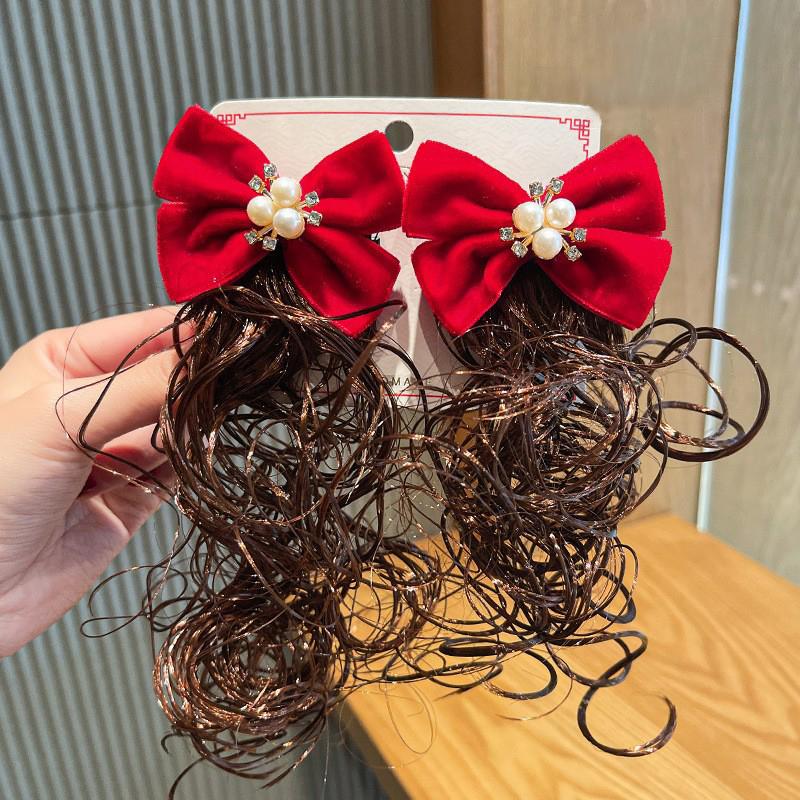 Kids Girl Wig Hair Clip Red New Year Headwear Plush Ball Bow Barrettes Children Hairpins No Harm Baby Headpiece Accessoriess