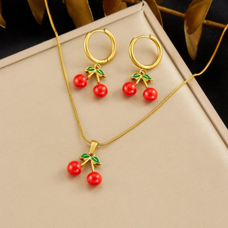 

Gold Plated Stainless Steel Cherry Jewelry Set (Necklace & Hoop Earrings) for Women, Enamel Fruit Pendant красный