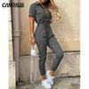 Summer Women's Trousers Casual Lapel Button Print Belt Cargo Jumpsuit