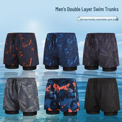 Men's Quick-Dry Double-Layer Swim Trunks - Large, Anti-Embarrassment, Boxer Style, Professional Hot Spring Set