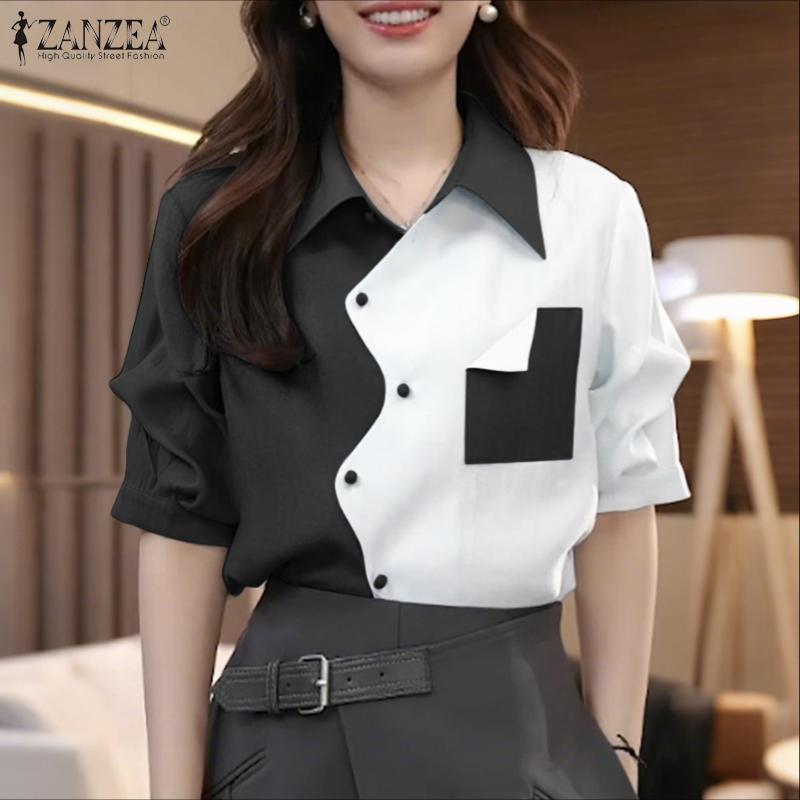 ZANZEA Women Turn Down Collar Summer Half Sleeve Patchwork Blouse