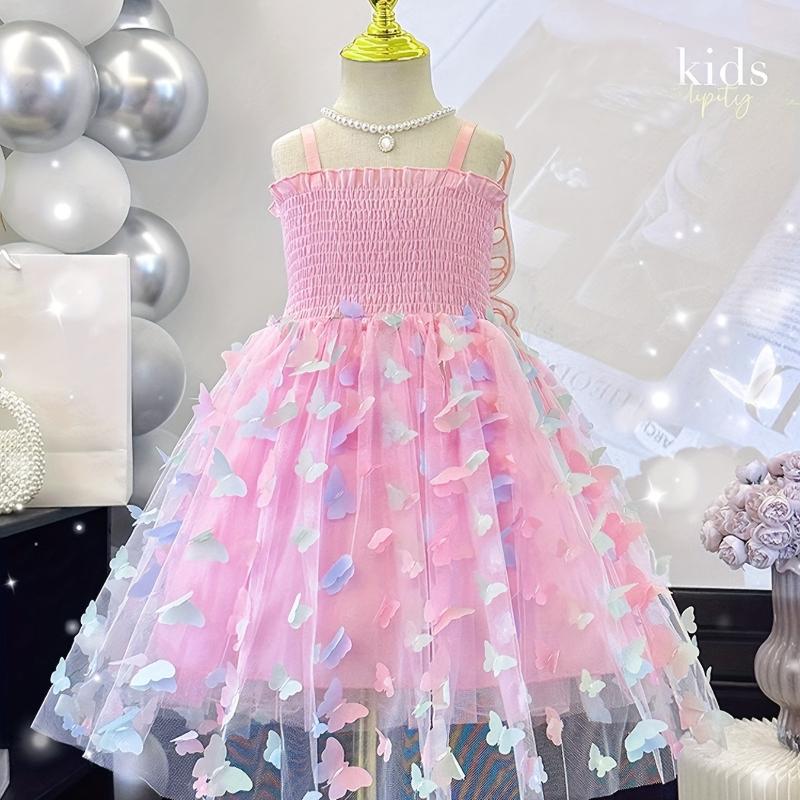 Girls' Summer Camisole Dress with Decorative Large Butterflies, Fashionable Princess Dress, Children's Performance Gown, Tulle Puff Dress for Girls