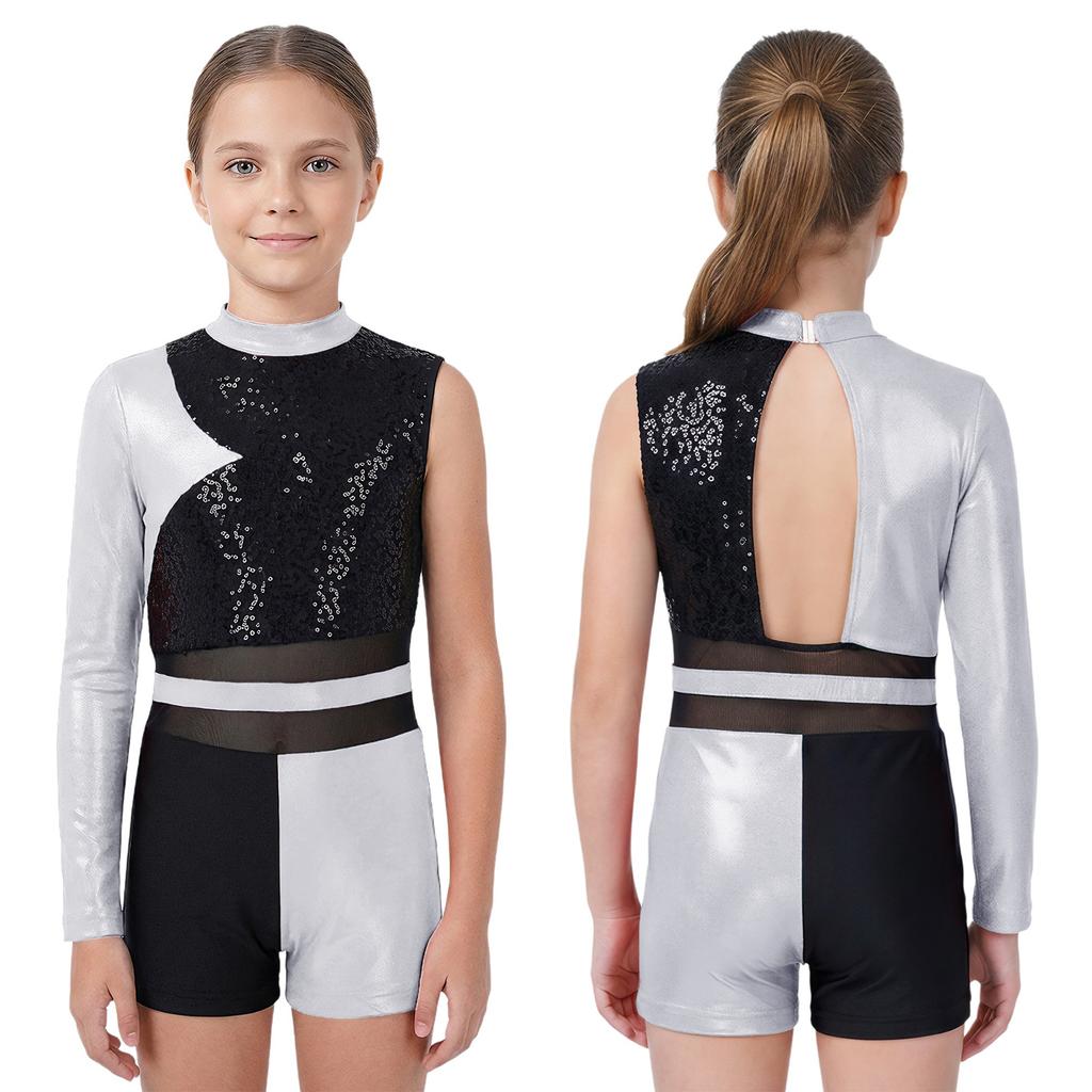 Kids Girls Metallic Jumpsuit for Ballet Dancing Gymnastics Leotards Ballet Mesh Bodysuit Stage Performance Dancewear Costume