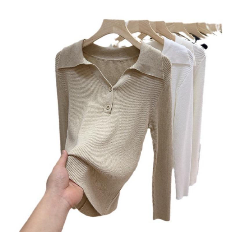 Lapel Retro Inner Knitted Women's Spring and Autumn New Long-sleeved Pullover Sweater Bottoming Shirt Slim-fitting and Thin Top