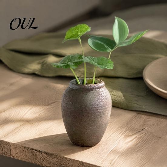Weathered Stone Texture Plant Holder Retro Round Ceramic Vase, Small Hydroponic Planter, Rustic Style Decorative Ornament Table Centerpiece
