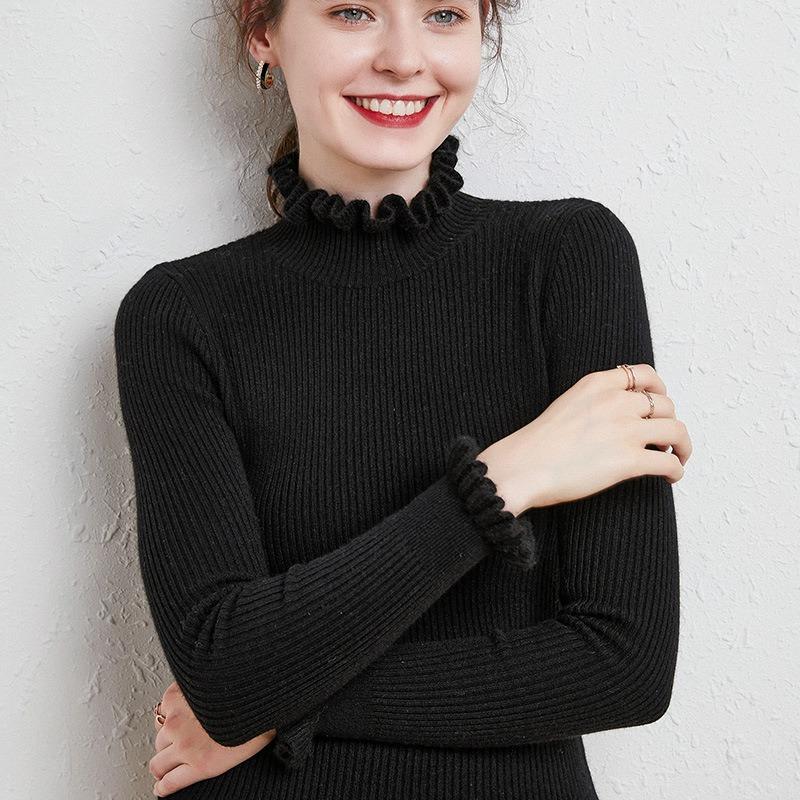 Ruffles Half High Neck Sweater Knitted Pullover Women's Long Sleeved Lace Long Sleeves Bottoming Shirt Commute Simple Casual Knitwear Autumn