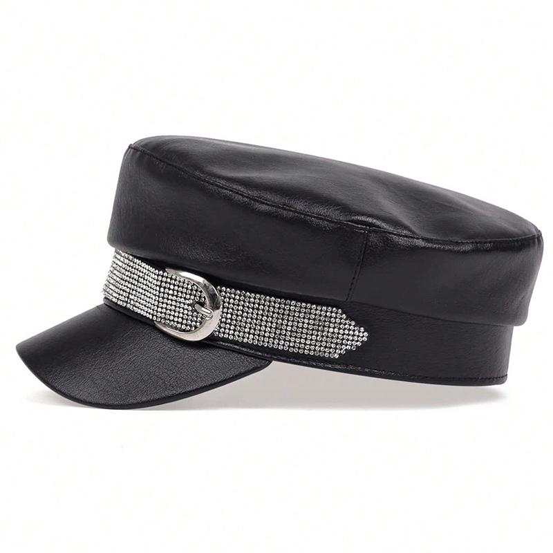 Hot-fix Rhinestone Ribbon PU Leather Navy Cap Fashionable Outdoor Casual Women's Hat Personalized Painter's Hats Classics Caps