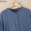 ZANZEA Dame Casual Rund Hals Ensfarget Løs Langermet Bluse