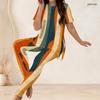 Women Plus Size Geometric Printed Round Neck Short Sleeve Long Top Fitted Pants Two Piece Set