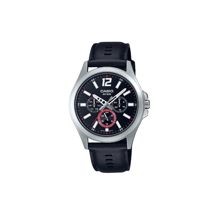 

Casio 50M Waterproof Quartz Movement Genuine Leather Strap Watch Men watches Black MTP-E350L-1BV Black Dial