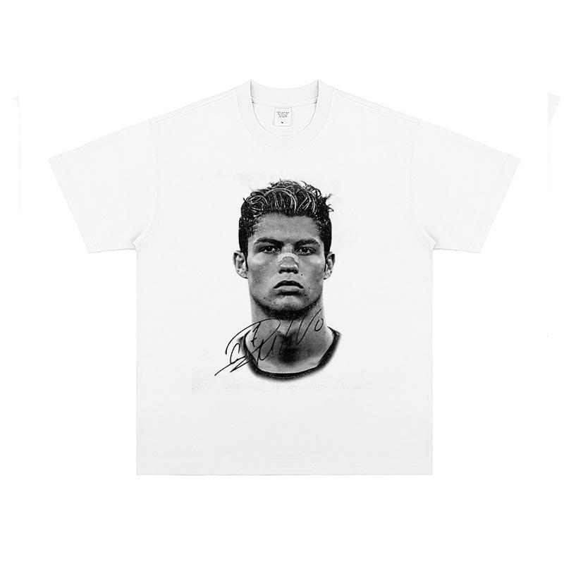 Summer Men's100% PureCotton Football Character Portrait Printed T-shirt Personalized Street Loose Round Neck Short Sleeved Shirt