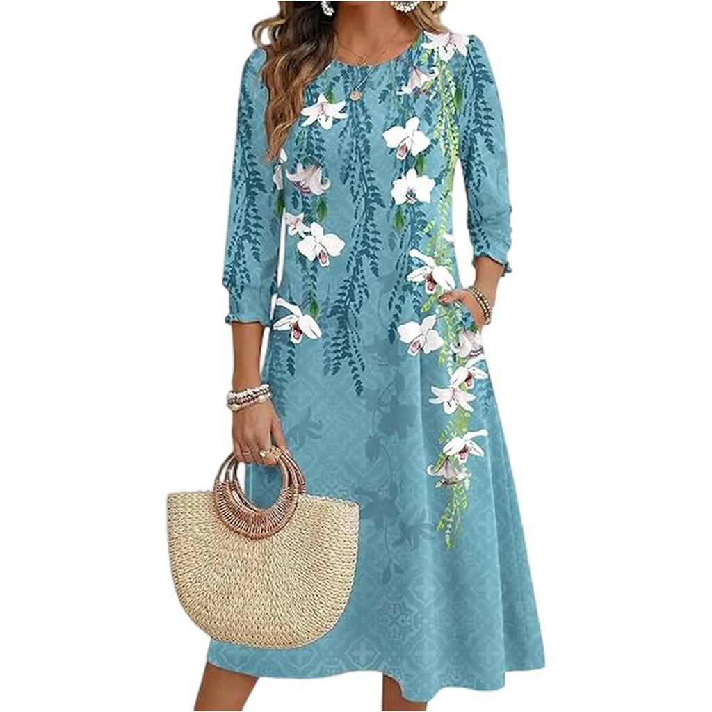Women's Fashion Pocket Half Sleeve Floral Mid,length Casual Dress