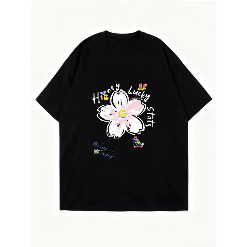 Vit Överdimensionerad T-shirt Med Blomma Och Lycklig Texttryck För Vardagsbruk