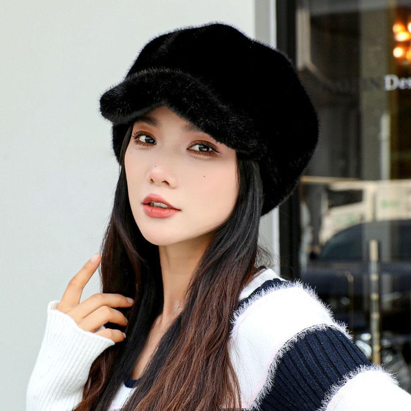 

Новая осенне-зимняя шляпа с козырьком для женщин, восьмиугольная шляпа из экологичного меха, шляпа-торпеда, теплая защита ушей и носок A чёрный