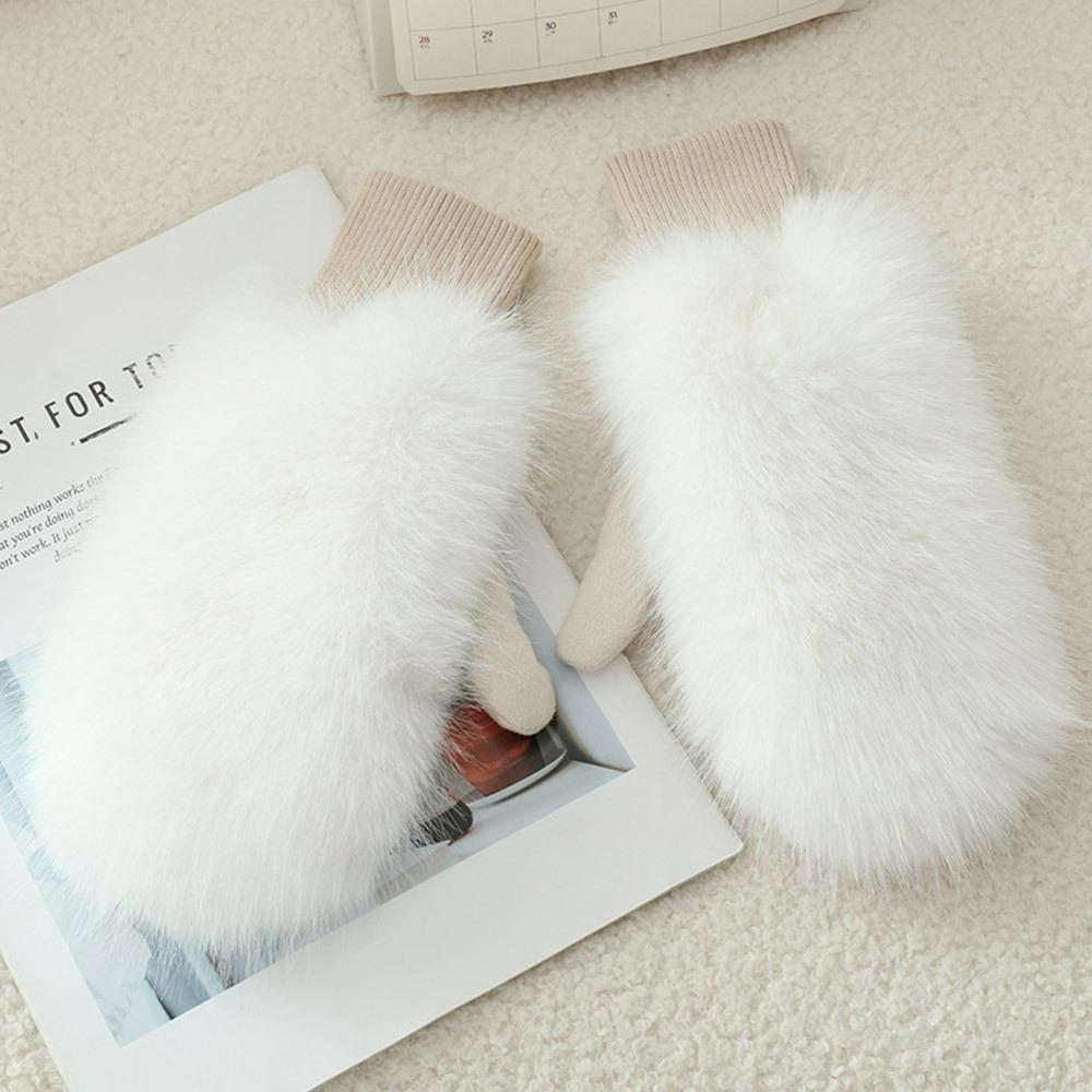

Imitation Rabbit Fur Windproof Gloves Soft Full Fingers Winter Warm Gloves Thick Warm Lining Women Mittens Cold Weather белый