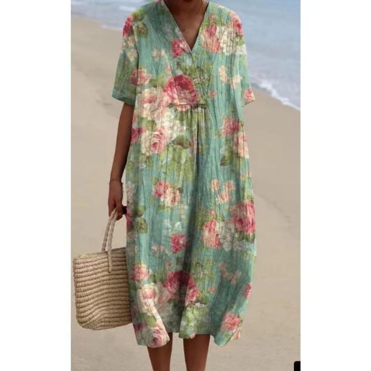 

Floral Print Women Loose Casual Maxi Dress V Neck Short Sleeve Summer Beach Vacation Colorful Workout Wear 3XL