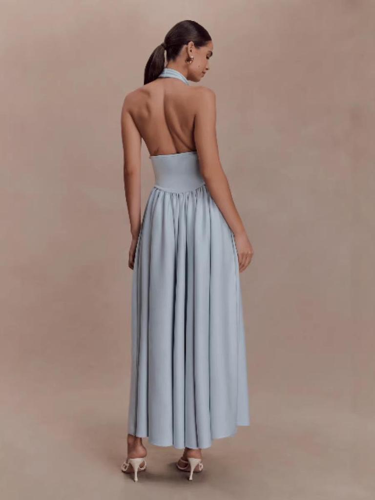 European & American Women's Halter Slim V-Neck Pleated Backless Dress