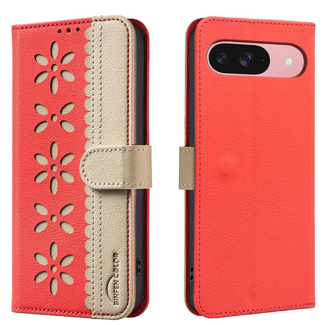 

For Google Pixel 9 Pro/Google Pixel 9 Leather Case BINFEN COLOR BF36 Floral Pattern Phone Cover RFID Blocking Wallet Stand Red