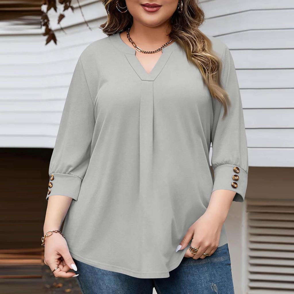 Women's Fashionable Casual Plus-Size V-Neck Button-Down Short-Sleeve Top