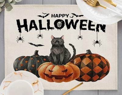 6PC Halloween Linen Placemats New Trick or Treat Witch Cat Print Mats Bat Pumpkin Drink Pads for Home Party Kitchen Decor