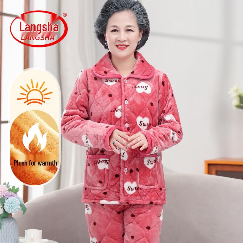 LangSha Women s Flannel & Coral Fleece Warm Pajama Set XL