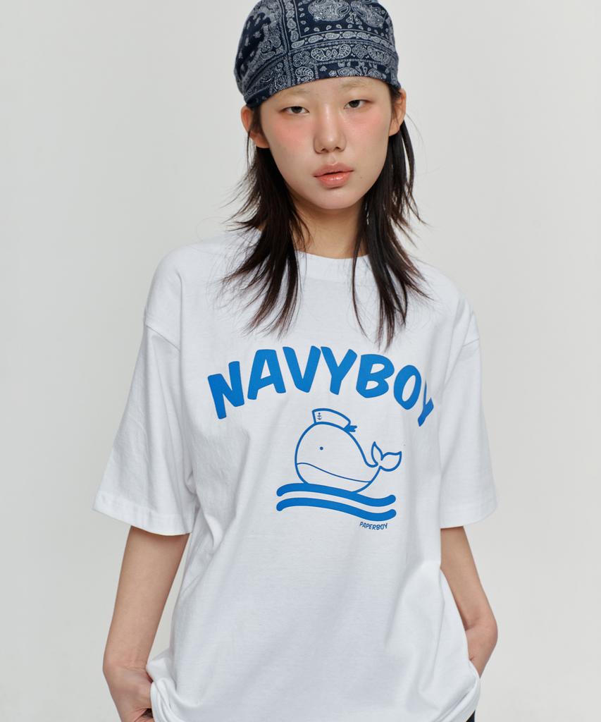 PAPERBOY Navy Boy Short Sleeve T-Shirt - White Melange