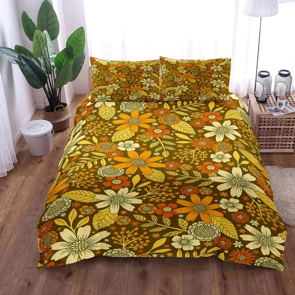 Vintage Retro 70. léta Talíře Sada povlaku na přikrývku King Queen Double Full Twin Single Size Sada ložního prádla