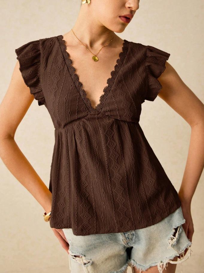 

Fashion Women s Spring and Summer New V-Neck Lotus Leaf Short Sleeve Lace T-Shirt Top XL темно-коричневого кольору