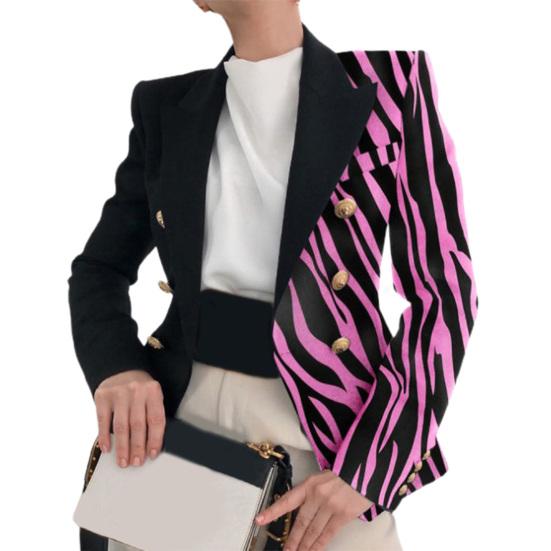 Women Blazer Right-angle Shoulder Double Breasted Long Sleeves OL Style Lapel Dress Up Cardigan Striped Print Lady Coat for Work
